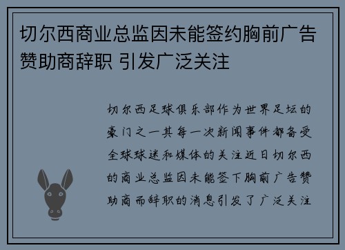 切尔西商业总监因未能签约胸前广告赞助商辞职 引发广泛关注 切尔西商业总监因未能签约胸前广告赞助商辞职 引发广泛关注