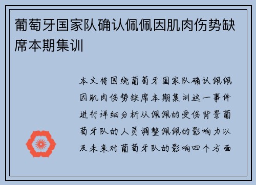 葡萄牙国家队确认佩佩因肌肉伤势缺席本期集训